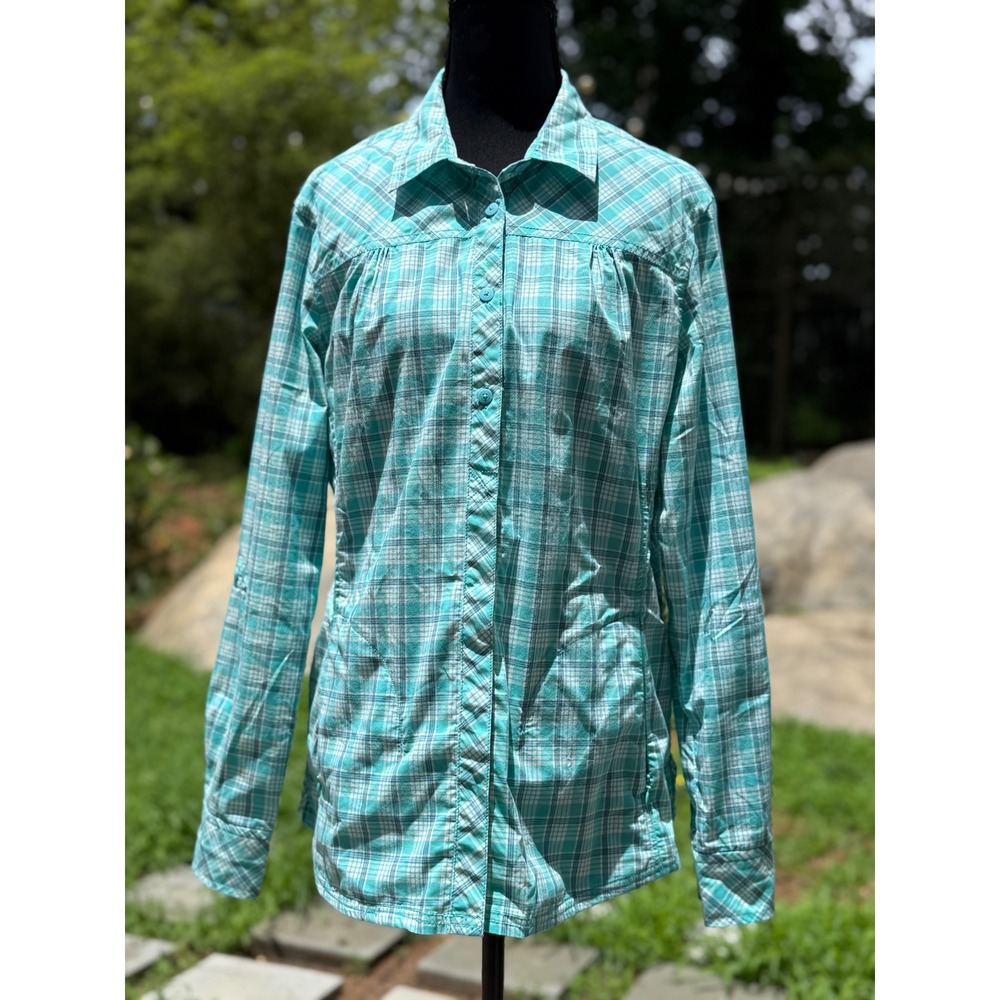 Eddie Bauer Womens Large Turquoise Plaid Button Up Roll Tab Sleeve Hiking Shirt